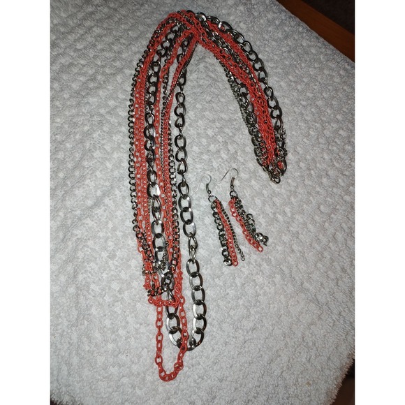 Unbranded Jewelry - Jewelry Set Multi Strand Chain Necklace Earrings Silver Coral Orange Edgy Punk